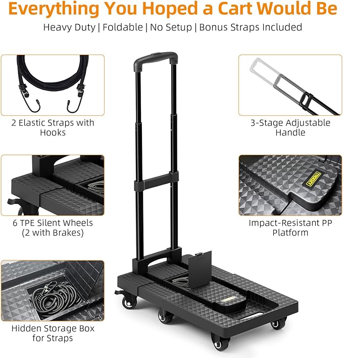 Dolly Cart with Wheels 440lbs, Folding Hand Truck with 6 TPE Wheels & 21 in - Image 6