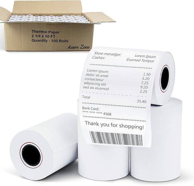 Azure Zone, Thermal Paper Rolls 2-1/4 X 50ft, 100 Rolls, Fits Most POS Machines by AzureZone