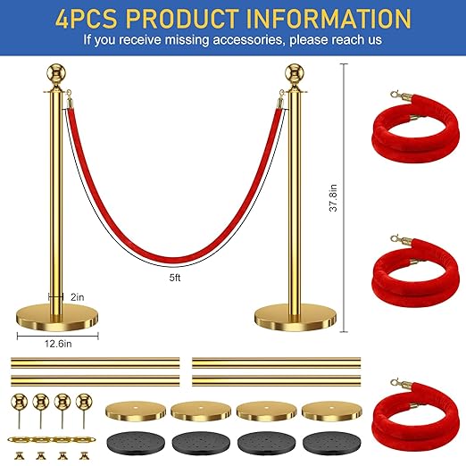 4 PCS Stanchions and Velvet Ropes, Stainless Steel Poles - Image 2