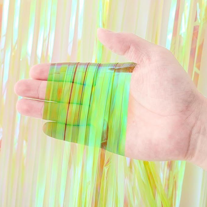 3 Pack 3.3x8.2 Feet Neon Green Foil Fringe Backdrop Curtains, Tinsel Streamers - Image 2