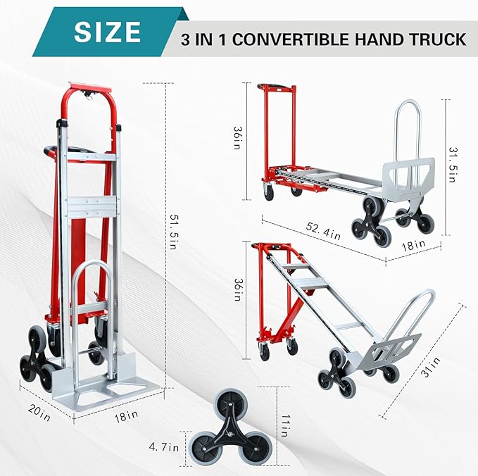 3 in 1 Industrial Convertible Hand Truck Dolly, 1000 LBS Capacity Aluminum Hand - Image 2