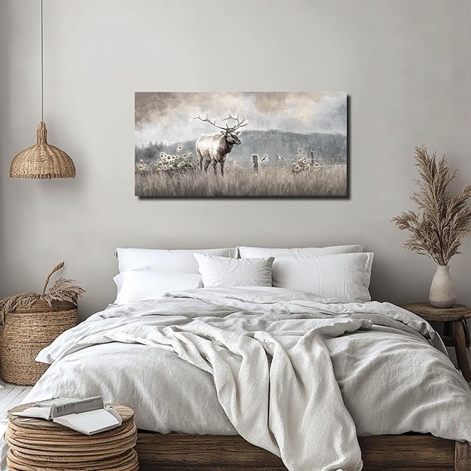 ZHENGYIN Elk & Wildflowers Canvas Wall Art, Western Deer Wildlife Meadow - Image 3