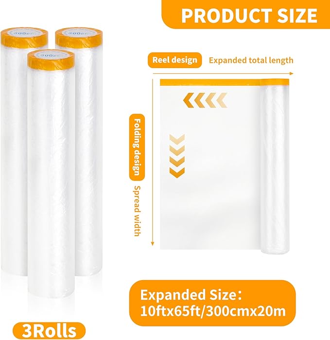 Pre-Taped Masking Film 3 Pack Each 118in x 65 feet Rolls, Tape and Drape - Image 2