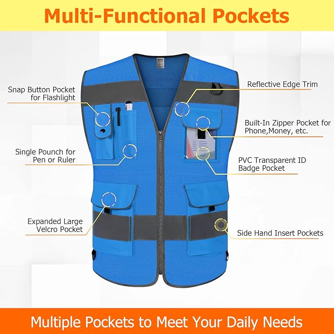TCCFCCT Mesh Hi Vis Vest 9 Pockets High Visibility Reflective Safety Vest - Image 3