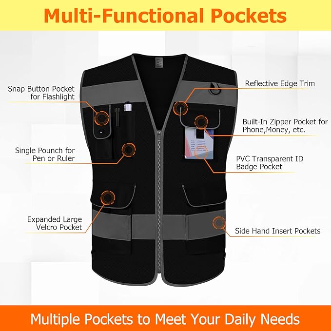 TCCFCCT Mesh Hi Vis Vest, 9 Pockets High Visibility Reflective Safety Vest - Image 3