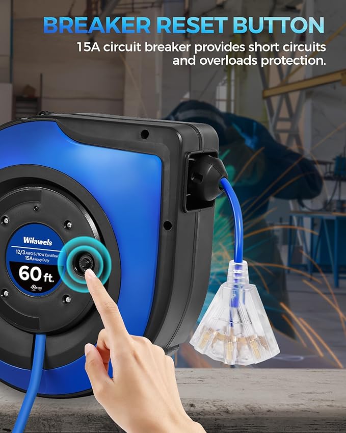 Retractable Cord Reel, 60 FT Heavy Duty Extension Cord, 12AWG/3C SJTOW - Image 3