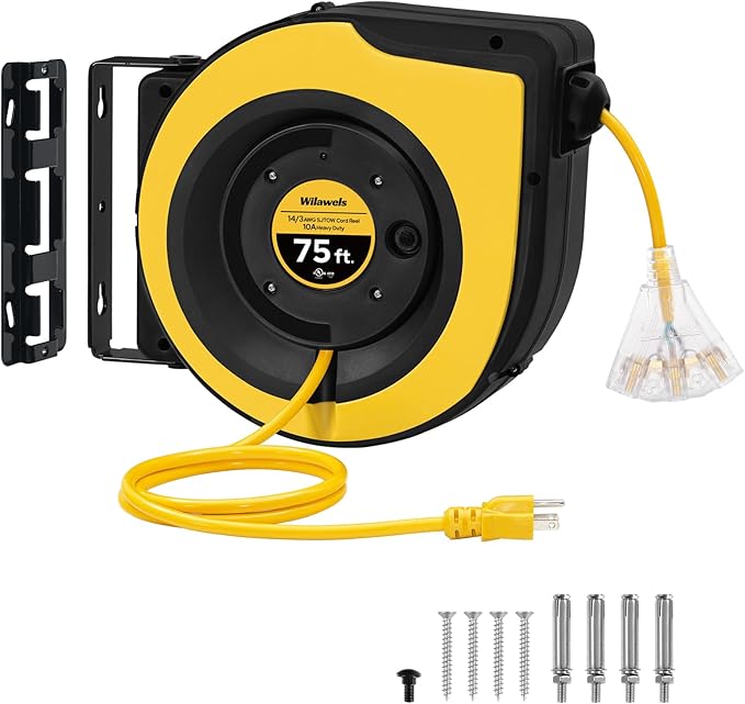 Retractable Cord Reel, 75 FT Heavy Duty Extension Cord, 14AWG/3C SJTOW by Wilawels