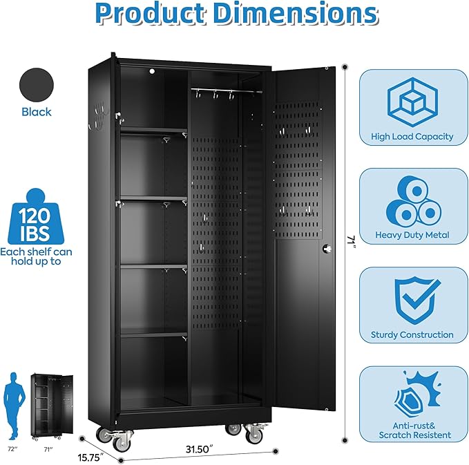 Garage Storage Cabinet with Wheels and 5 Pegboard, Broom Closet Storage Cabinet - Image 3