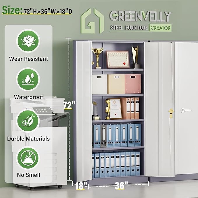 Greenvelly Metal Storage Cabinet, 72” Metal Cabinet Storage - Image 3