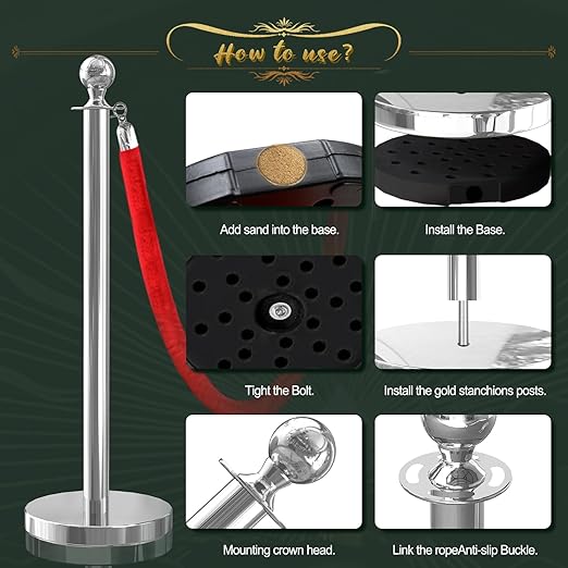 8Pcs Sliver Stanchion Post Queue Velvet Ropes and Posts - Image 6