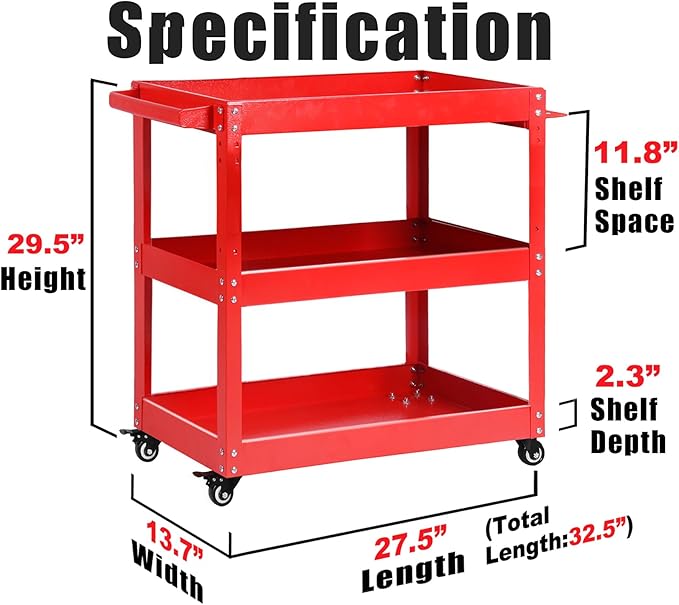 Tool Cart on Wheels, 3 Tier Rolling Mechanic Utility Cart, Heavy Duty Steel - Image 5