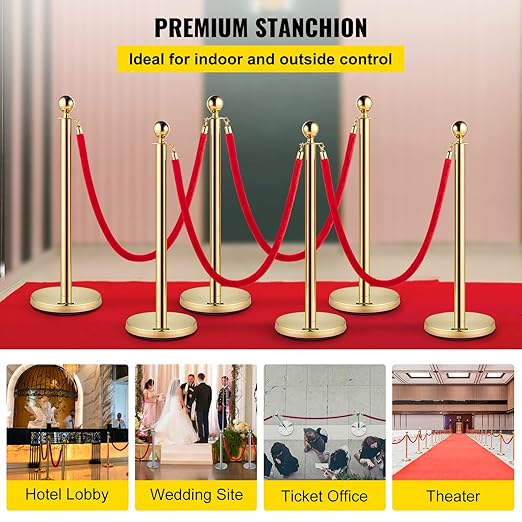 VEVOR Velvet Ropes and Posts 6 Pcs Red Velvet Rope 5 ft, Stanchions Solid Base - Image 2