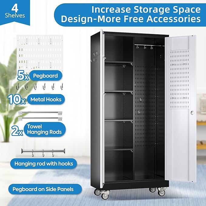 Garage Storage Cabinet with Wheels, Broom Closet Storage Cabinet with Pegboards - Image 4