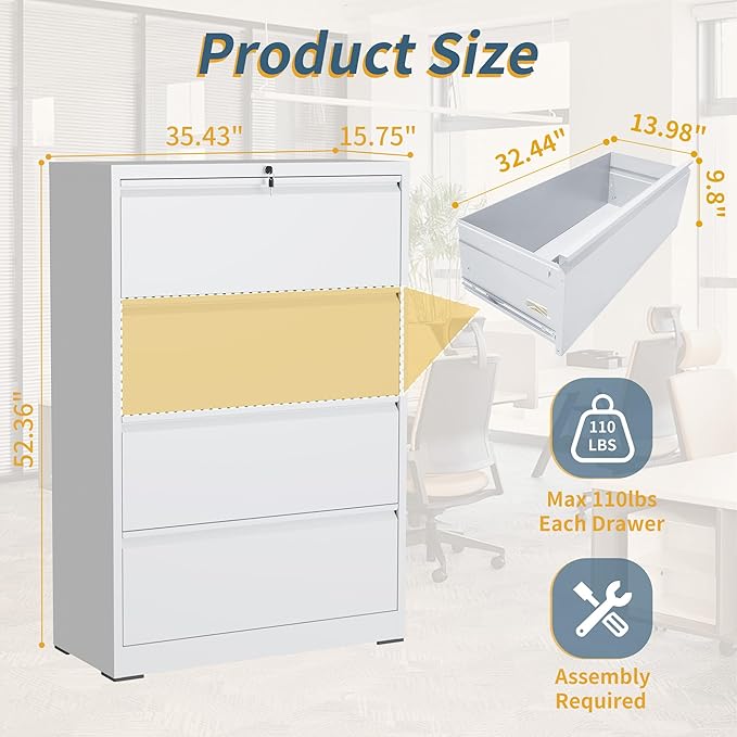 4 Drawer File Cabinet with Lock, Lateral Filing Cabinets, Metal Storage Filing - Image 3