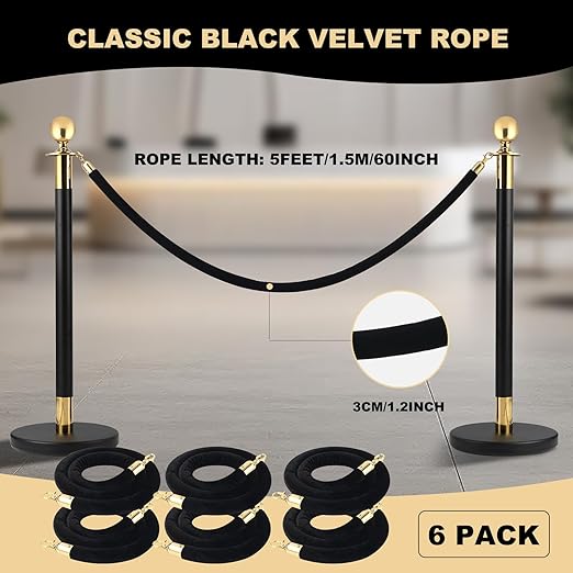 6 Pack Velvet Rope, 5 Feet Black Velvet Stanchion Rope - Image 2