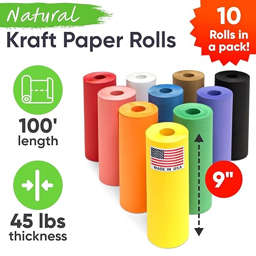 9" x 1200" USA-Made Multi-Color Kraft Paper Rolls, 45 lbs/66 GSM, 10 Rolls Set - Image 2