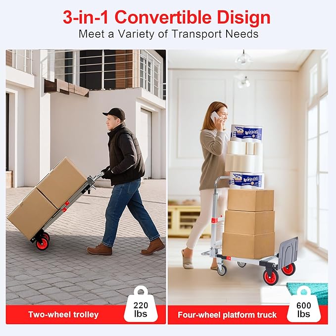 Upgraded 3 in 1 Aluminum Folding Hand Truck, 600lbs Capacity, Heavy Duty - Image 3