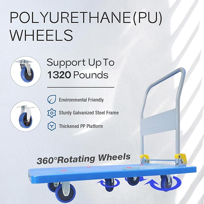 Doppy Flatbed Cart, 1320lbs Heavy Duty Capacity Platform Hand Truck 360 Degree - Image 3
