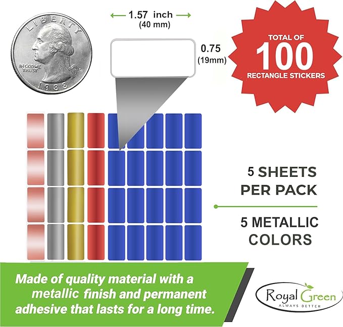 Metallic Stickers 1.57 inch x 0.75 inch Small Color-Coding Labels in 5 Metallic - Image 2