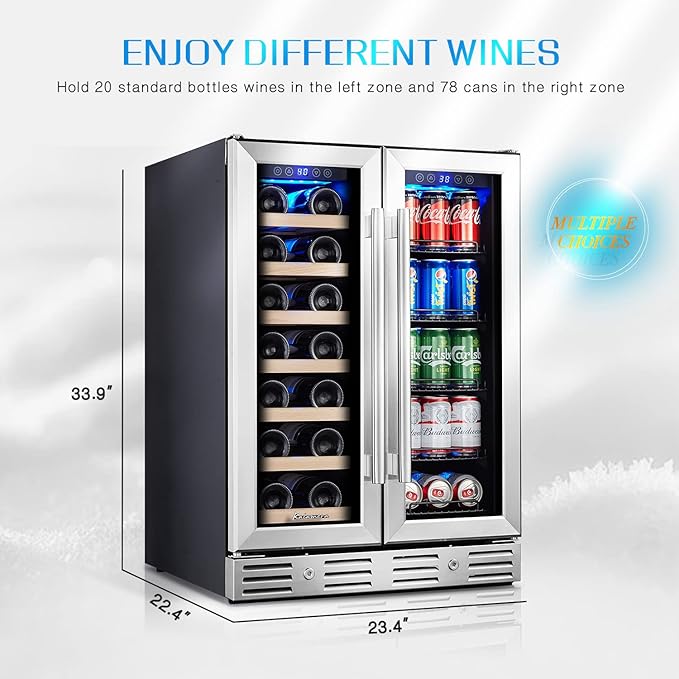 24 Inch Wine and Beverage Fridge, Wine Refrigerator Dual Zone Hold 20 Bottles - Image 3
