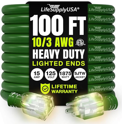 100ft Outdoor/Indoor Extension Cord 10/3 Gauge Ultra Heavy Duty 3 Prong SJTW by LifeSupplyUSA
