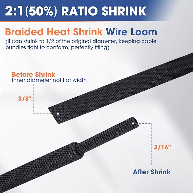 2:1 Heat shrinkable Braided Sleeving Fabric Wire Loom High Temp Heat Shrink - Image 2