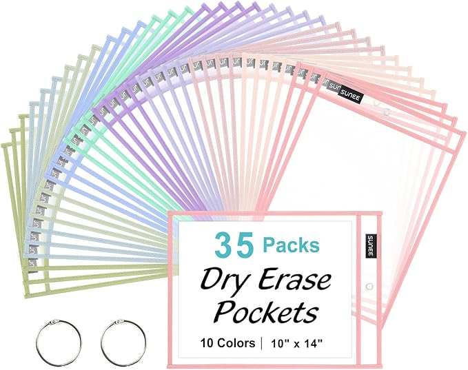 SUNEE 35 Packs Oversized Reusable Dry Erase Pocket Sleeves by SUNEE