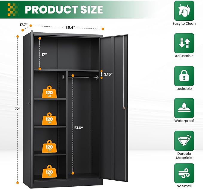 Broom Closet with Lock, Metal Storage Cabinet 36" Wide, 5-Tier Steel Utility - Image 3
