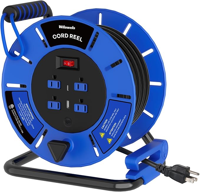 60 FT Retractable Extension Cord Reel, 14AWG Heavy Duty Power Cord by Wilawels