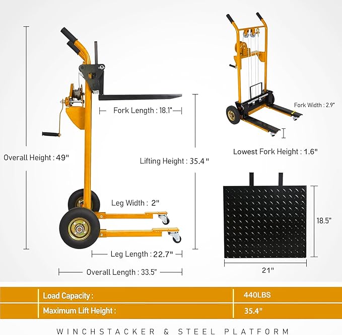 Material Lift Winch Stacker, 440 lbs Capacity Table Cart, 35.4" Lifting Height - Image 2