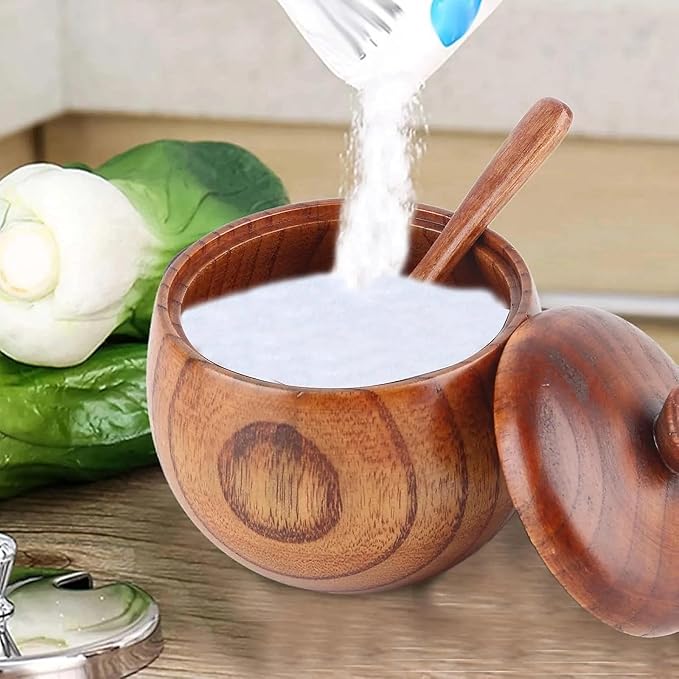 Wooden Salt Container with Lid and Spoon, Salt Cellar - Image 4