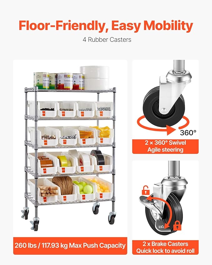 VEVOR 5-Tier Rolling Bin Storage Rack, 16 Organizer Bins, Bin Rack Storage - Image 5