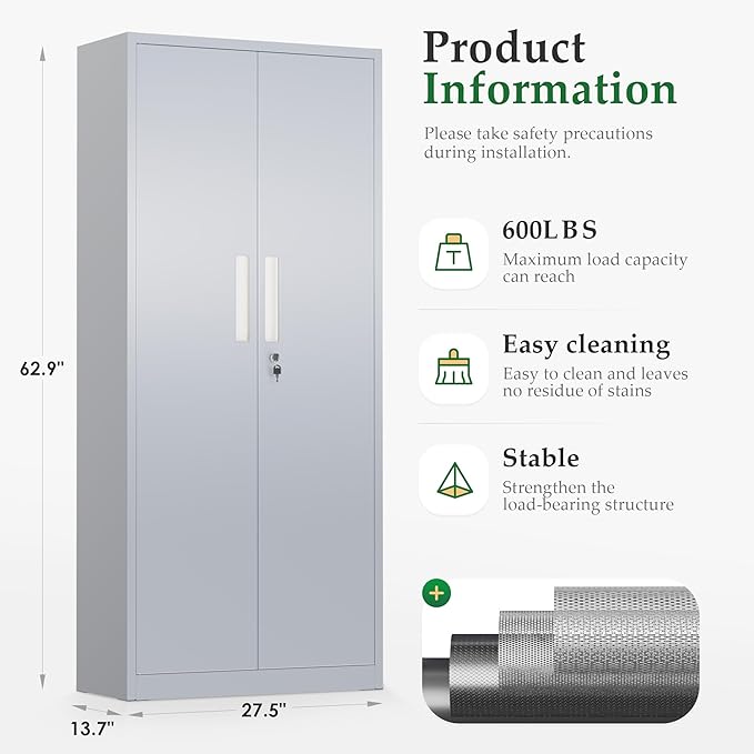 Crownland 63" Metal Storage Cabinet, Lockable Garage Storage Cabinets, High - Image 3