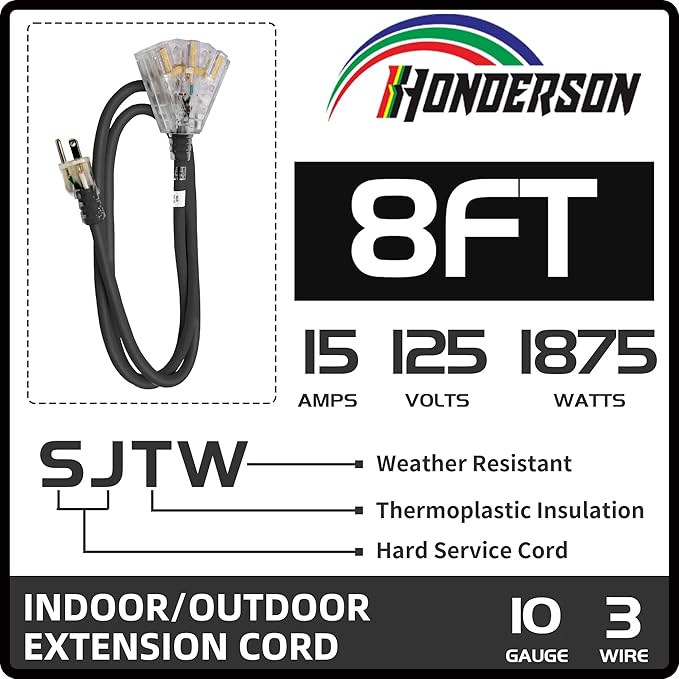 3-Outlets Indoor Outdoor Extension Cord Weatherproof - Image 2