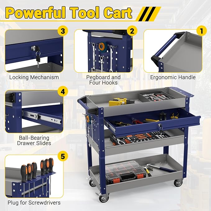 3 Tier Rolling Tool Cart on Wheels, 550 LBS Tool Cart - Image 6