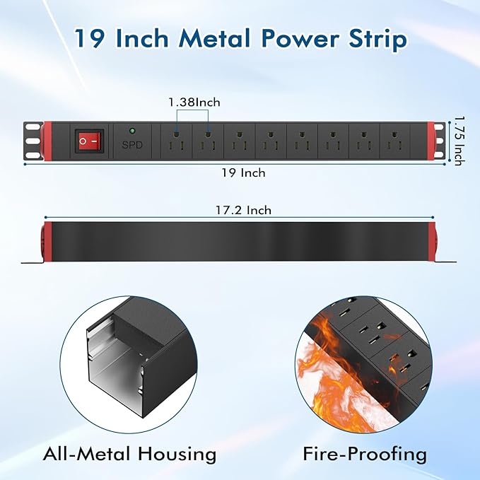 8 Outlet Rack Mount PDU Power Strip, 1200J Surge Protection & 15A Overload - Image 5