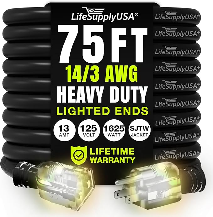 75ft Outdoor/Indoor Extension Cord 14/3 Gauge Heavy Duty 3 Prong SJTW, by LifeSupplyUSA