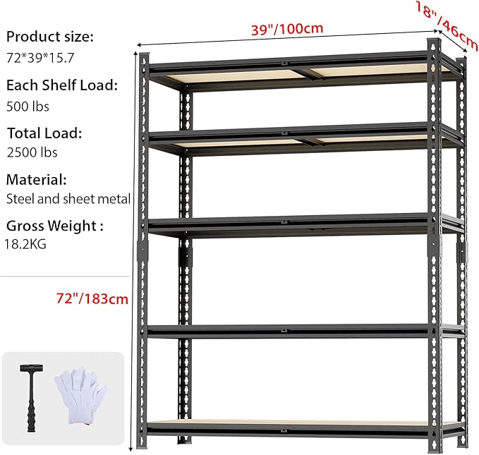 5 Tier Garage Shelving, Adjustable Heavy Duty Garage Shelves, Metal Storage - Image 2