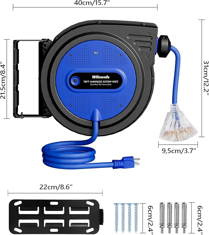 75 FT Retractable Extension Cord Reel, Heavy Duty Extension Cord, 14AWG/3C SJTOW - Image 8