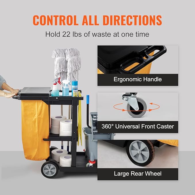 VEVOR Cleaning Cart, 3-Shelf Commercial Janitorial Cart, 200 lbs Capacity - Image 7