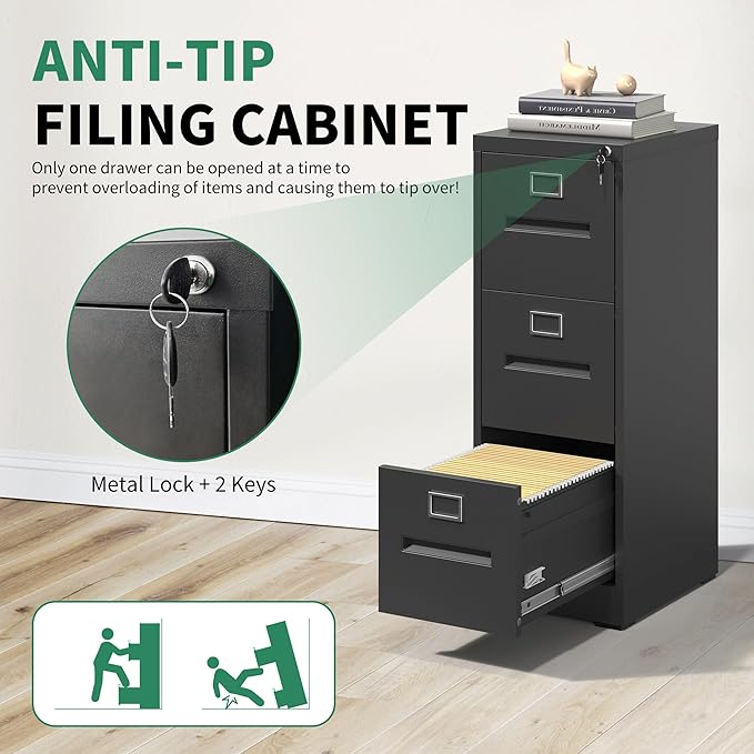 Black Metal File Cabinet with 3 Drawer, Vertical File Cabinet with Lock - Image 5
