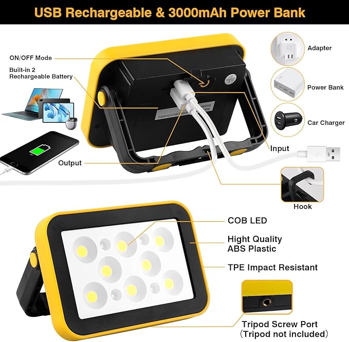 Rechargeable Flood Light with Tripod Hole, Portable COB Work Light Battery - Image 4