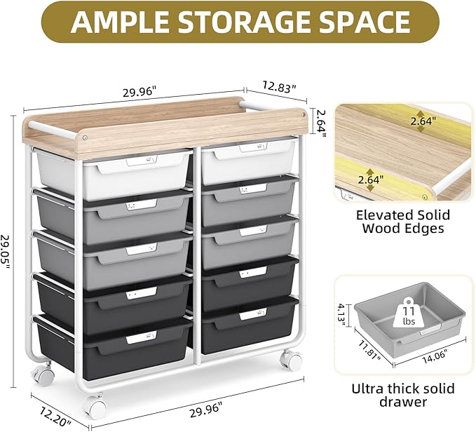 10 Drawers Rolling Cart with Wooden Tabletop, Utility Storage Cart with Wheels - Image 3