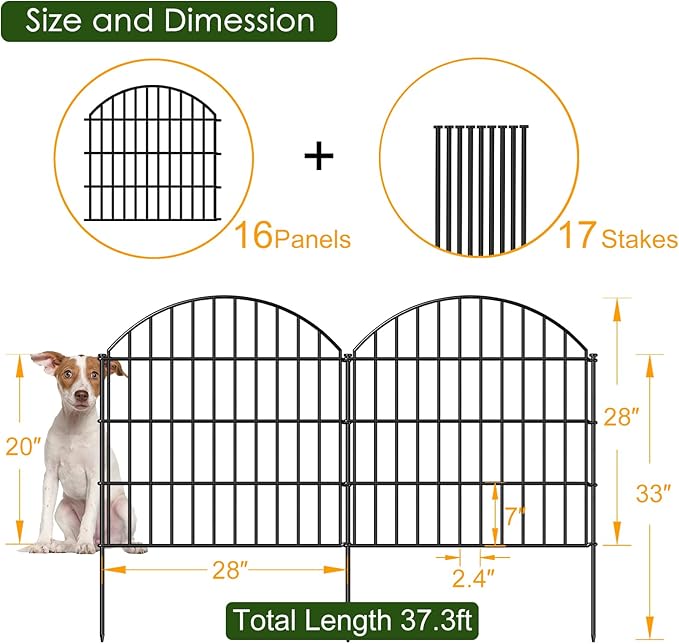 Metal Garden Fence 28in x 37.3ft, 16 Panels + 17 Stakes Dog Fences Border Fence - Image 4
