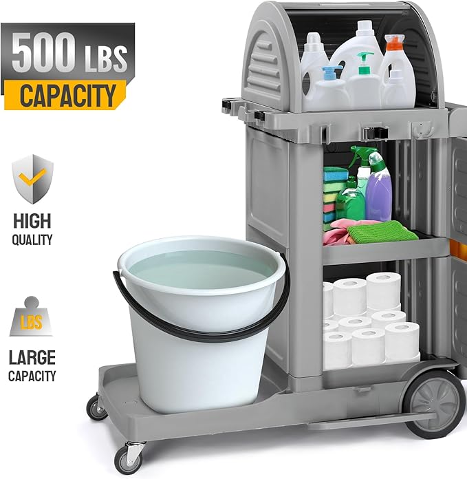 TUFFIOM Janitorial Cart on Wheels, 3 Shelf Commercial Cleaning Cart - Image 6
