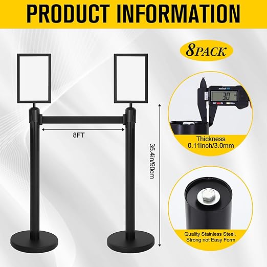 Therwen 8 Pcs Stanchions with 8.2 ft Retractable Belt Black Crowd Control - Image 2