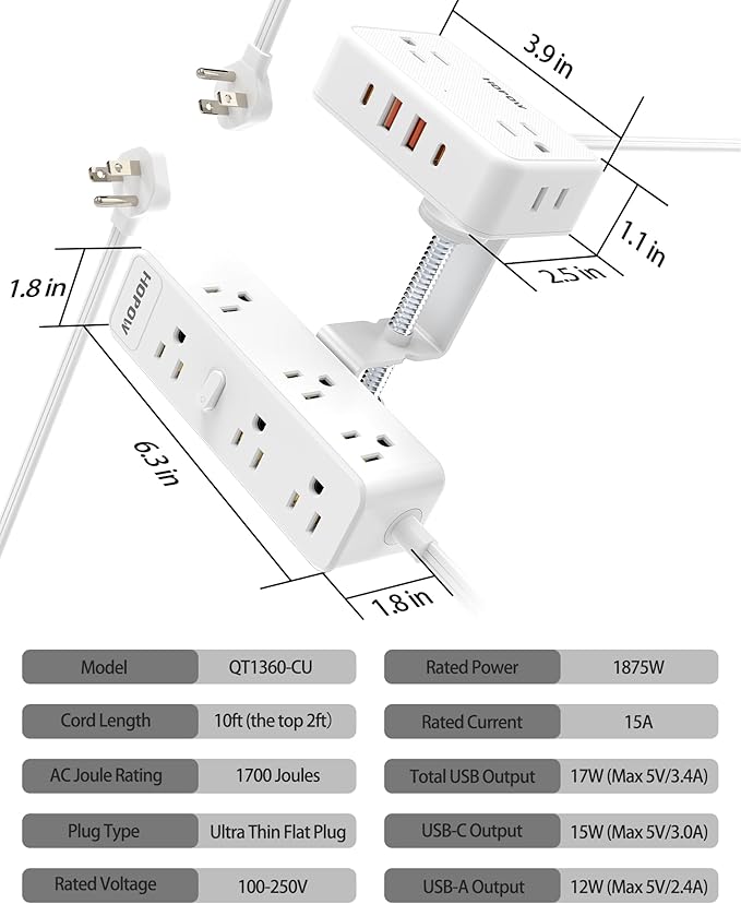 Dual Layer Desk Clamp Power Strip（White）, Desktop Edge Mount Charging Station - Image 7