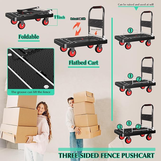 Platform Truck Cart with 3 Fence, 1100lbs Capacity Heavy-Duty Foldable Push - Image 3