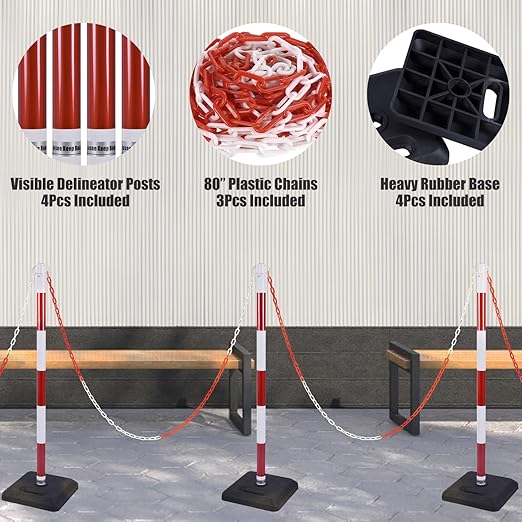 4 Pack Red White Portable Work Zone Chain Post Set, Premium Crowd Control - Image 7