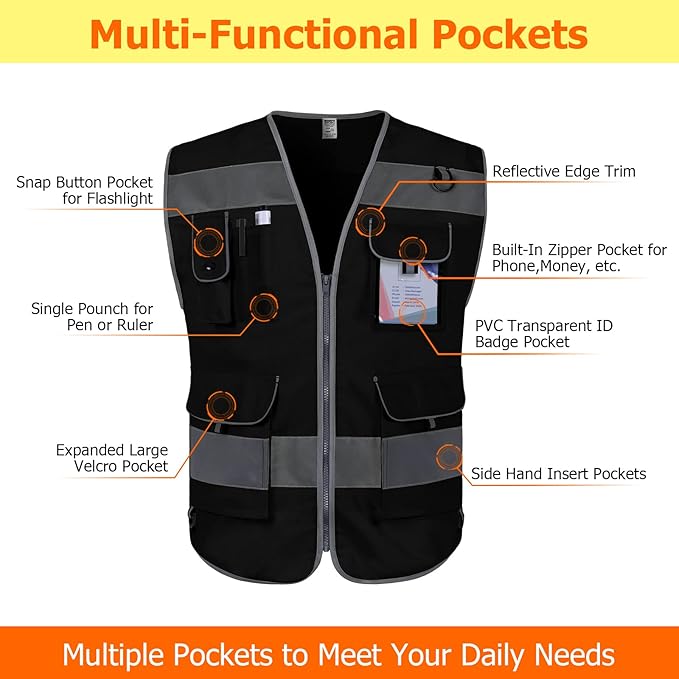 TCCFCCT Safety Vest for Men Women, 9 Pockets High Visibility Reflective Safety - Image 3
